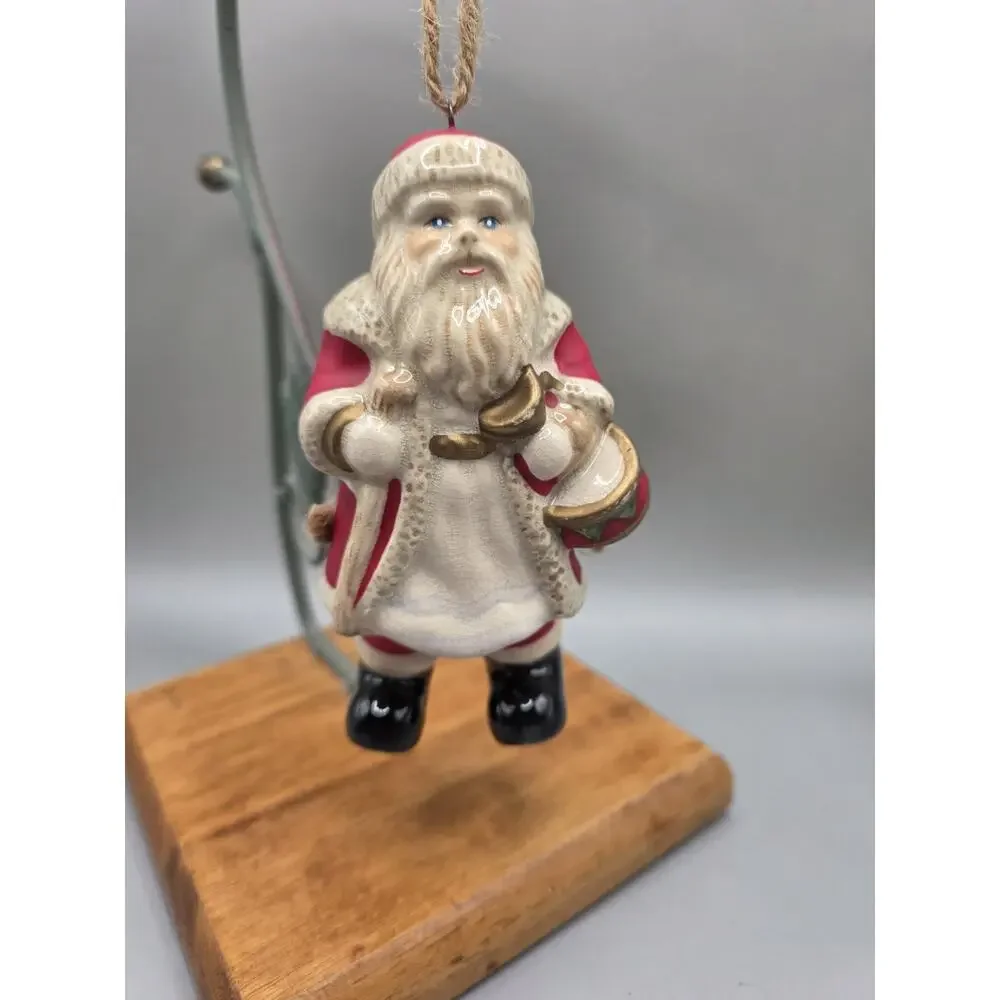 Vintage Hand Painted Porcelain Santa Ornament Traditional Red Gold Trim Vtg